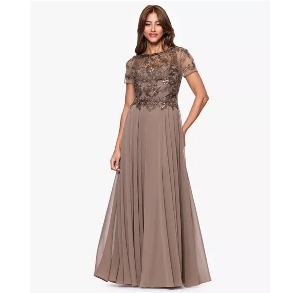 NWT Xscape Mocha Brown Long Short Sleeve Beaded Ballgown Mesh Dress 16P